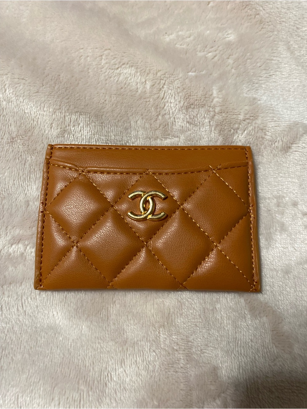 Quilted Leather Card Holder in Brown with Gold Logo
